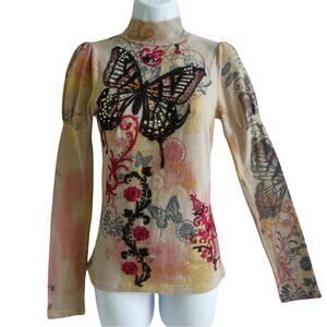 Vintage Y2K Spy Zone Exchange Pullover Top Embroidered Sequin Butterflies Mock